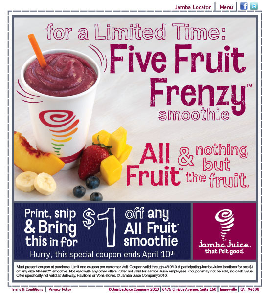 Go Here to print out a $1.00 off any All Fruit Smoothie at Jamba Juice.