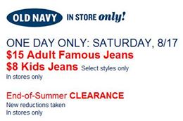 old navy one day sale jeans $15 kids jeans $8