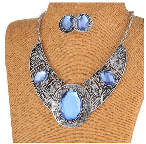 Blue and Tibet Silver Necklace and Earring Set