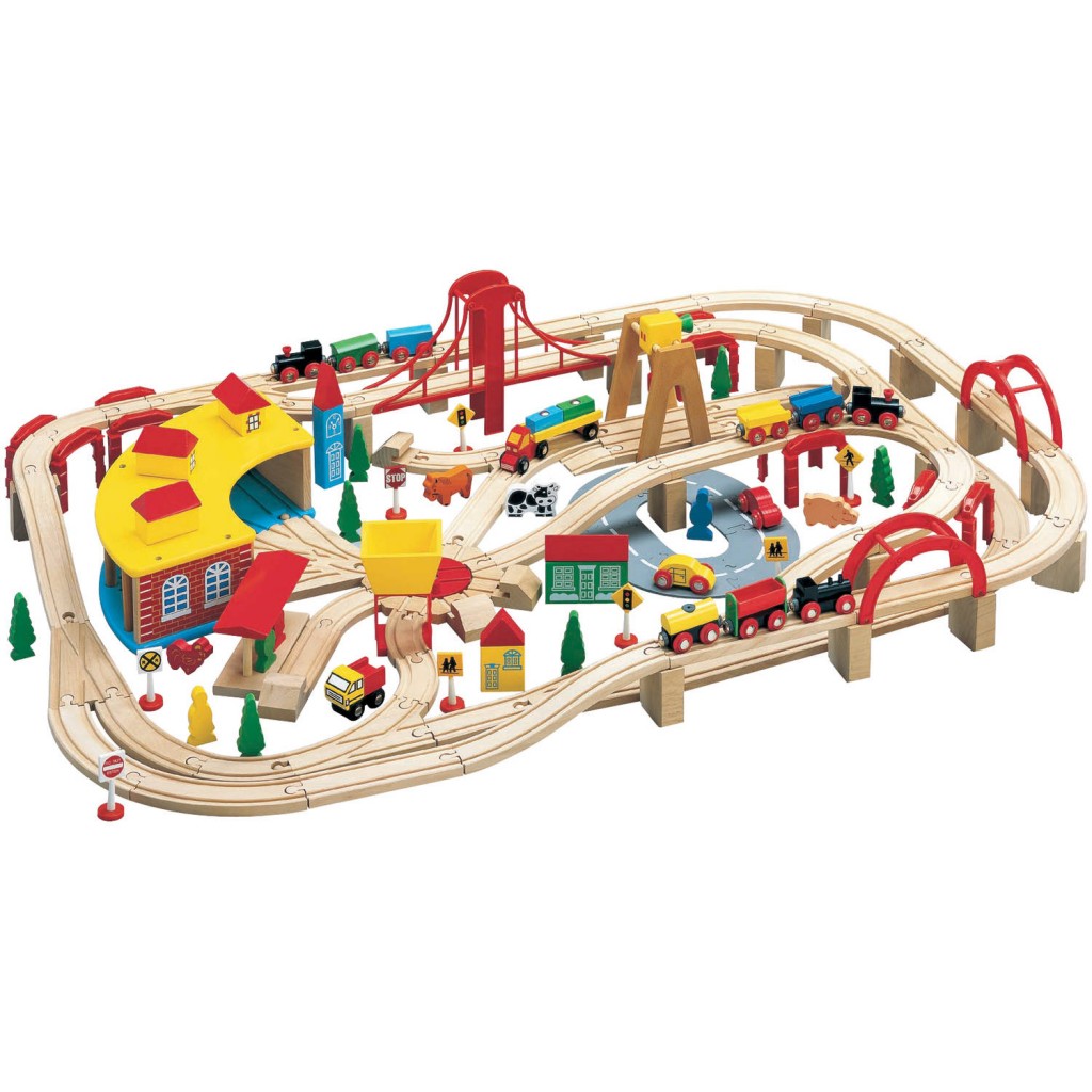 wooden train play set