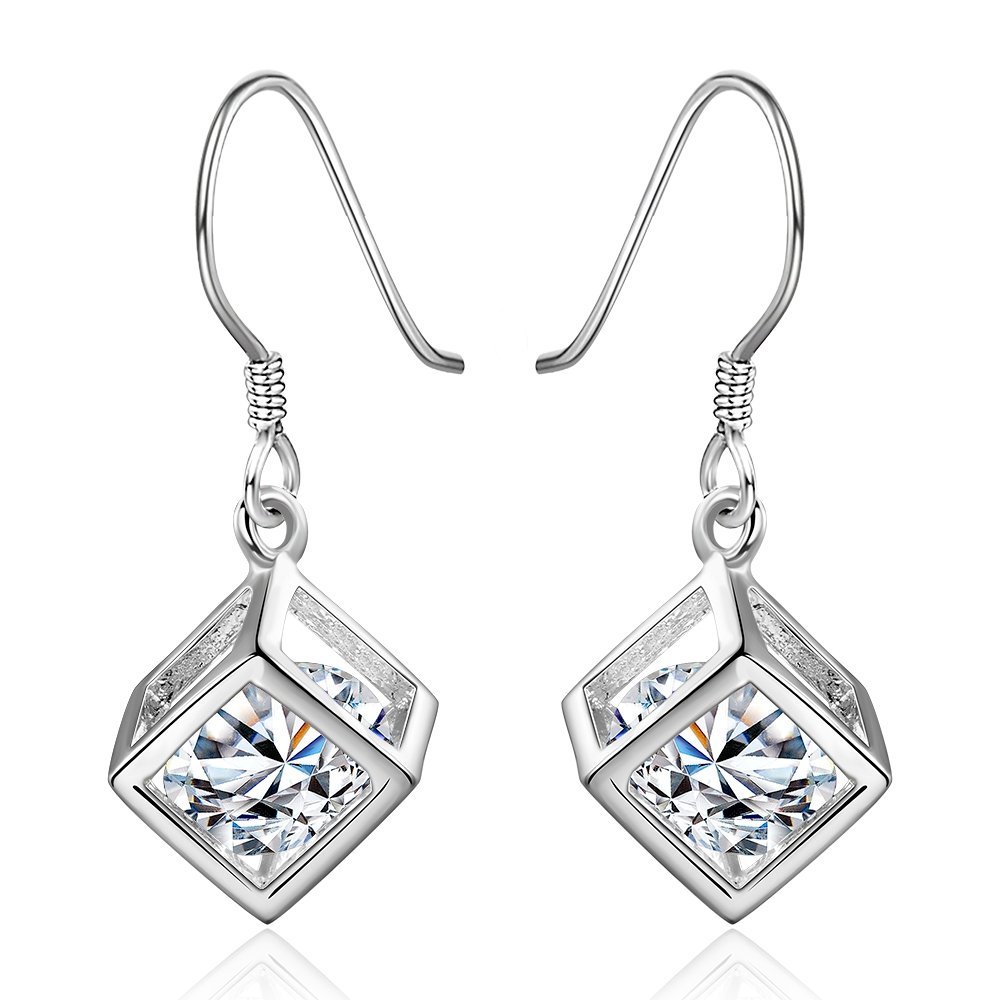 Silver Cube and Crystal Dangle Earrings